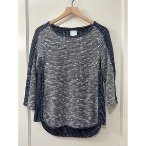 Sunday Women's Navy Blue White Textured 3/4 Sleeve Pullover Top Size S Small